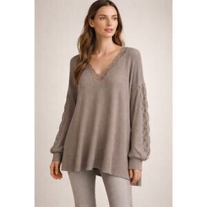 New with Tags Three Bird Nest Lace Waffle Knit Top Taupe Oversized Size L